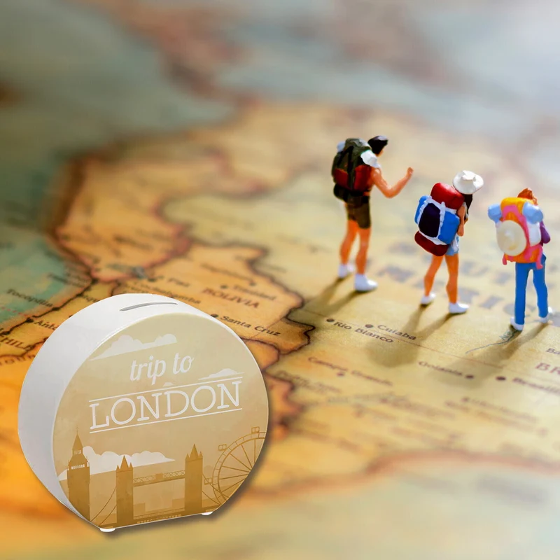 Spardose mit schönem Motiv und Text - Trip to London