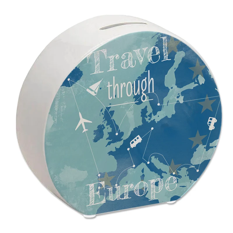 Spardose mit Europa Karte und Spruch - travel through Europa