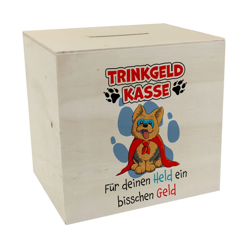 Spardose für Trinkgeld mit Hund und Spruch: Für deinen Held ein bisschen Geld