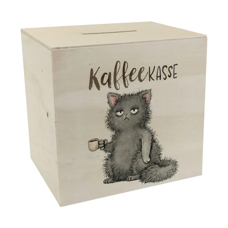 Katze mit Tasse Spardose mit Spruch Kaffeekasse