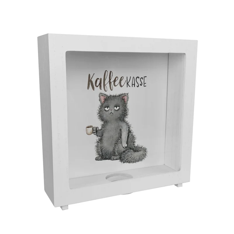 Katze mit Tasse Spardose mit Spruch Kaffeekasse