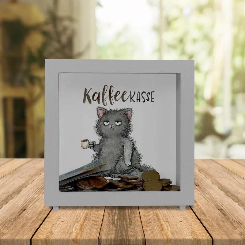 Katze mit Tasse Spardose mit Spruch Kaffeekasse