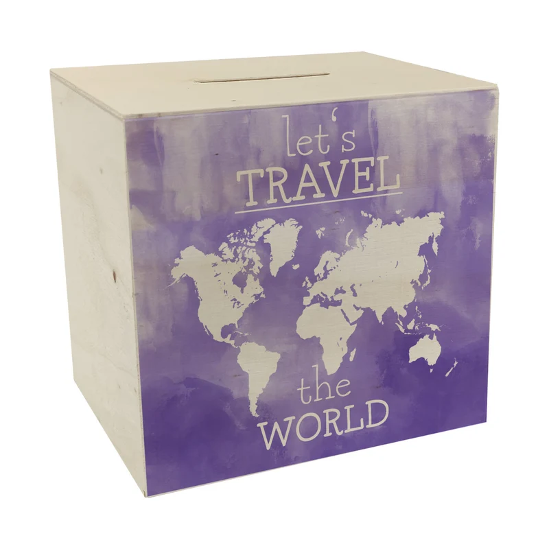 Spardose mit Weltkarten Motiv und Text - let's travel the world in Lila