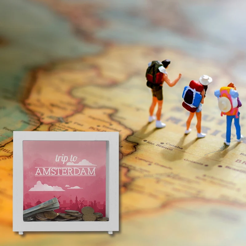 Spardose mit schönem Motiv und Text - Trip to Amsterdam