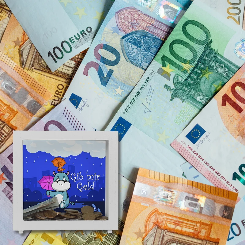 Nilpferd Spardose mit Spruch Gib mir Geld