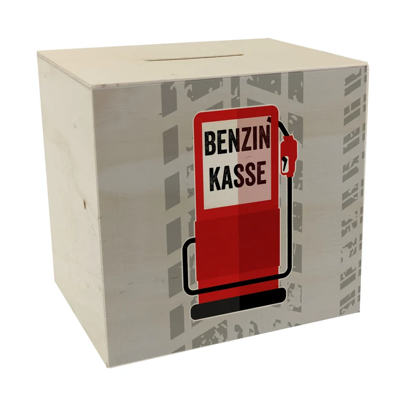 Benzinkasse Zapfsäule Spardose mit grauem Hintergrund