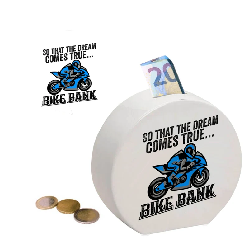 Bike Bank Spardose mit Spruch und Motorrad