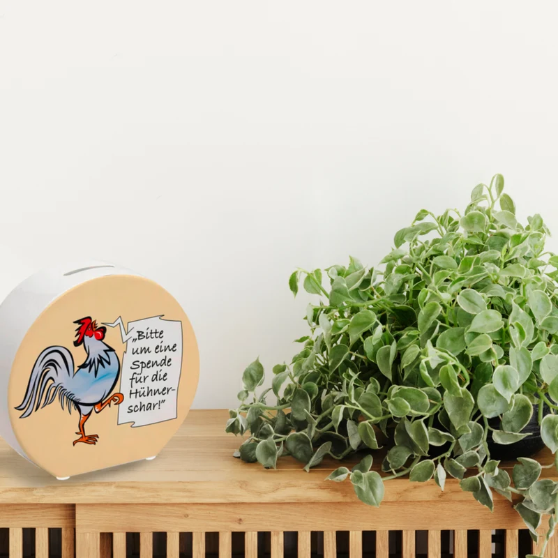 Spardose mit Hahn Motiv zum Thema Trinkgeld und lustigem Spruch