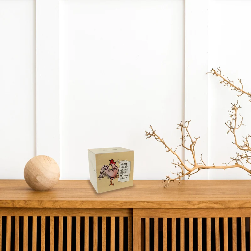 Spardose mit Hahn Motiv zum Thema Trinkgeld und lustigem Spruch