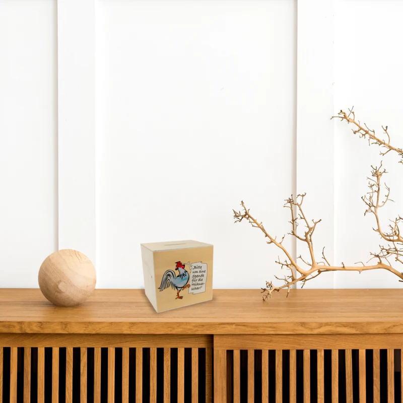 Spardose mit Hahn Motiv zum Thema Trinkgeld und lustigem Spruch