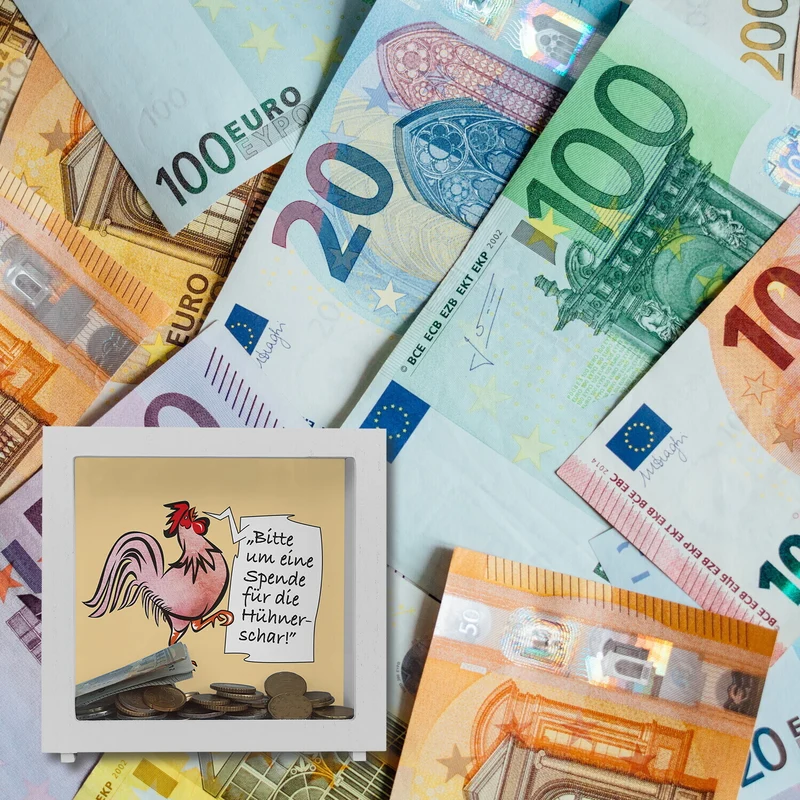 Spardose mit Hahn Motiv zum Thema Trinkgeld und lustigem Spruch