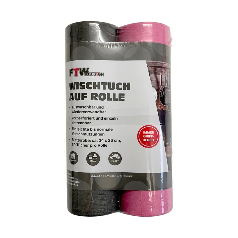 Universal Wischtuch auf Rolle in schwarz und pink 2x50 Tücher Putzlappen oder Reinigungstücher