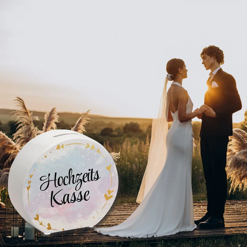 Hochzeit Spardose mit dekorativem Design und goldenen Herzen - Hochzeitskasse