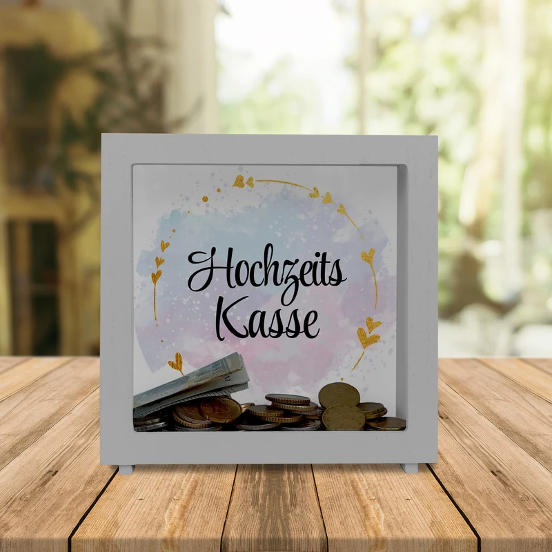 Hochzeit Spardose mit dekorativem Design und goldenen Herzen - Hochzeitskasse
