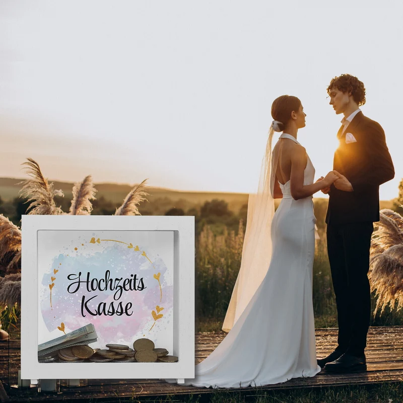 Hochzeit Spardose mit dekorativem Design und goldenen Herzen - Hochzeitskasse
