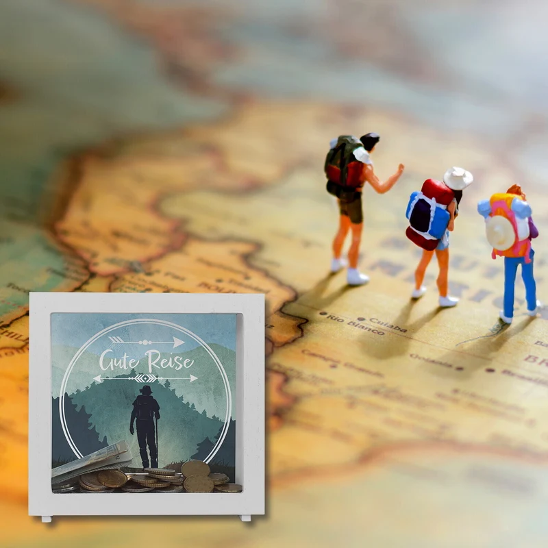 Gute Reise Spardose mit Wander Motiv
