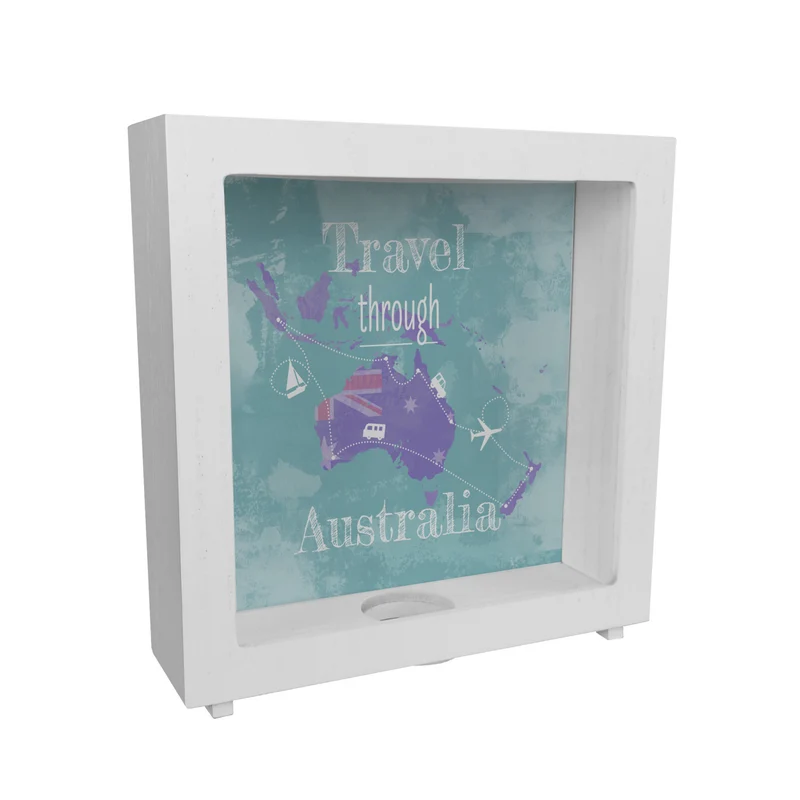 Spardose mit Australien Karte und Spruch - travel through Australien
