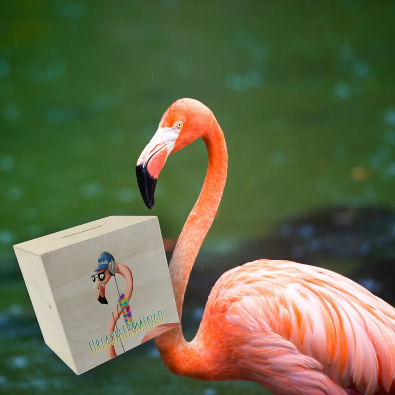 Spardose mit lustigem Tier und Text für Urlauber - Urlaubsflamingo