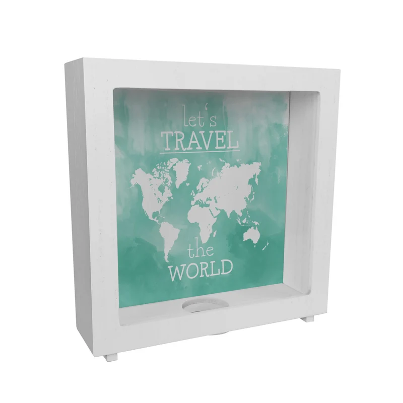 Spardose mit Weltkarten Motiv und Text - let's travel the world in Türkis