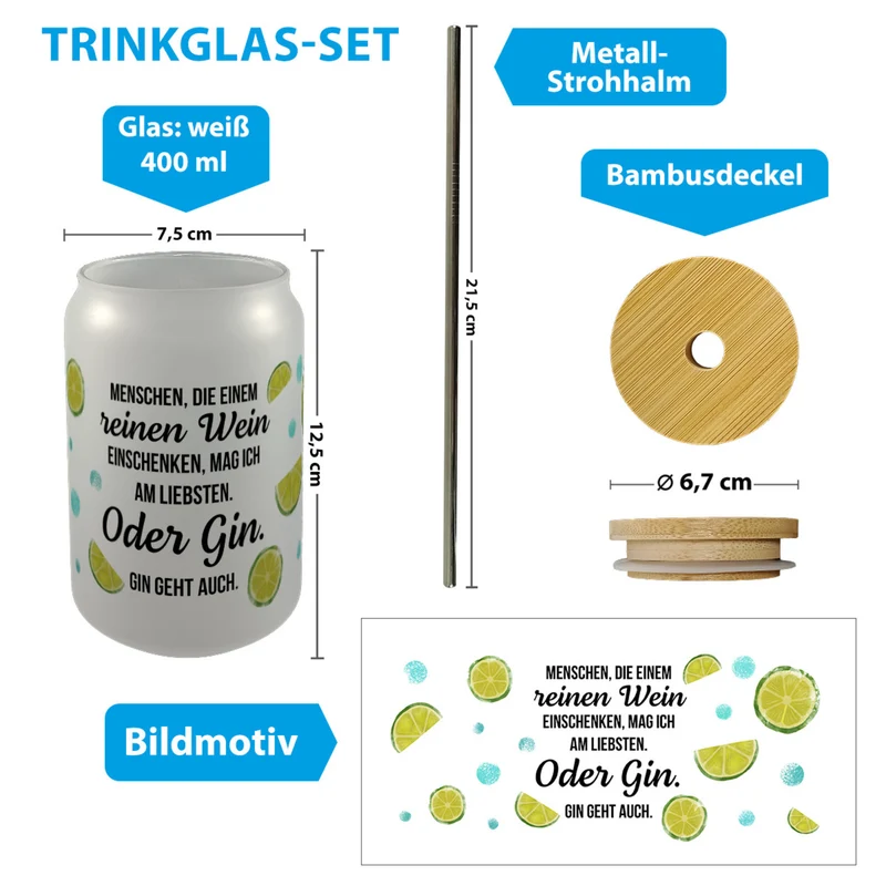 Limetten Trinkglas mit Bambusdeckel mit Spruch reinen Wein oder Gin