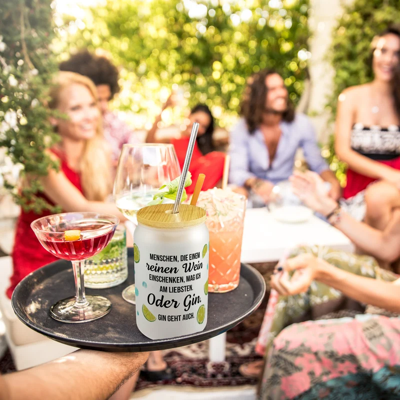 Limetten Trinkglas mit Bambusdeckel mit Spruch reinen Wein oder Gin