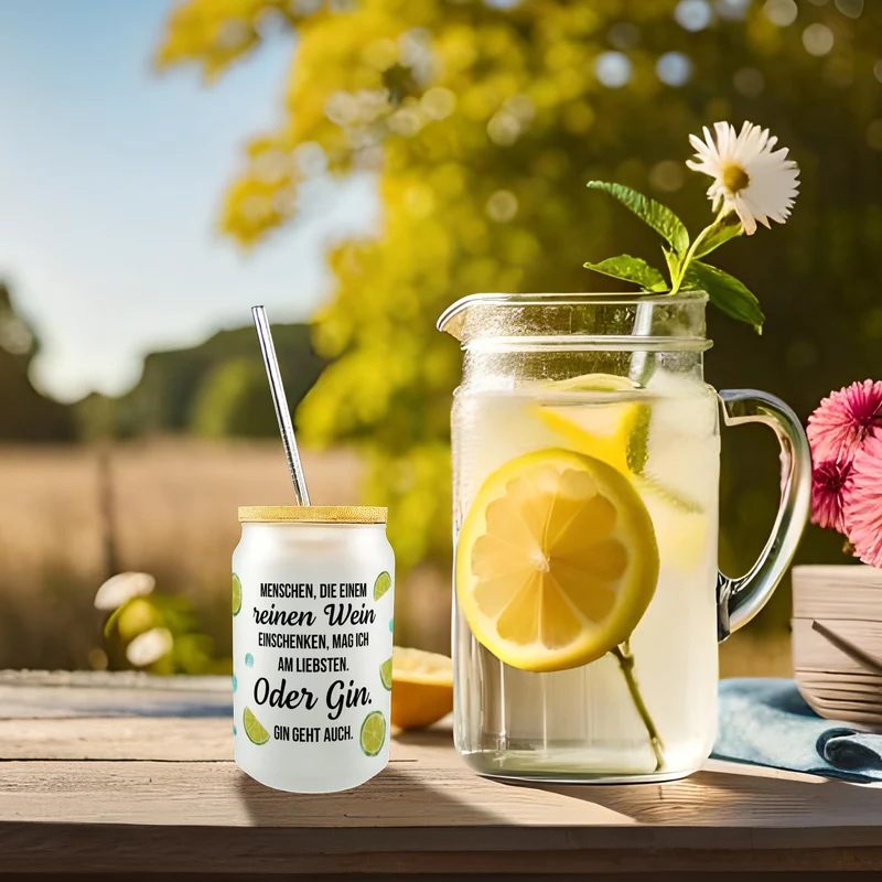 Limetten Trinkglas mit Bambusdeckel mit Spruch reinen Wein oder Gin