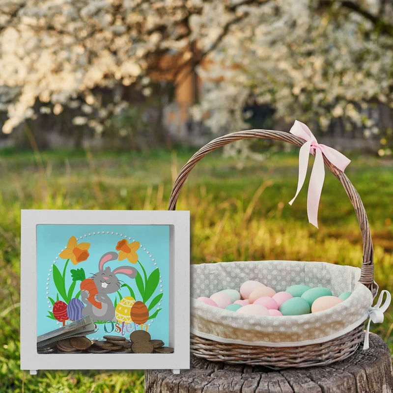 Frohe Ostern Spardose mit niedlichem Osterhasen und Ostereiern