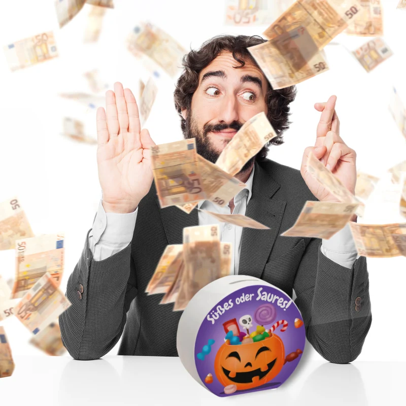 Süßes oder Saures Halloween Spardose mit lustigem Kürbis