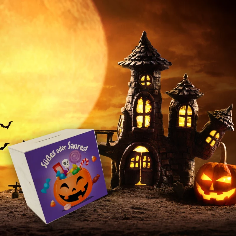 Süßes oder Saures Halloween Spardose mit lustigem Kürbis