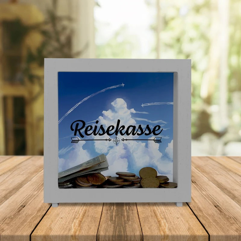 Reisekasse Spardose mit schönem Wolkenmotiv und Flugzeugen