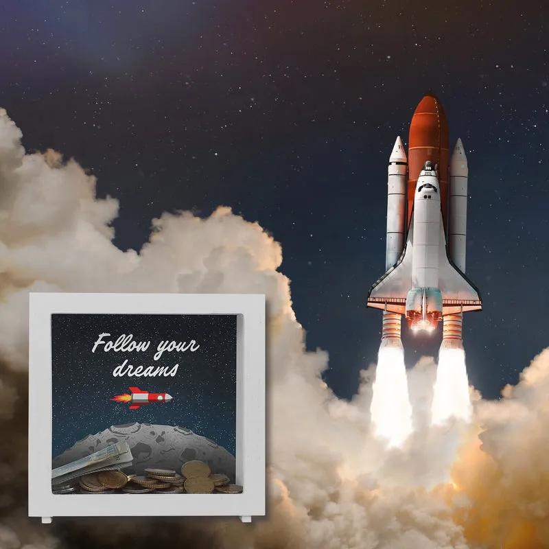 Rakete im Weltall follow your dreams Mond Spardose