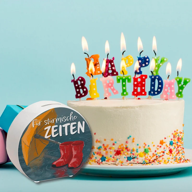 Für stürmische Zeiten Spardose mit Regen Motiv