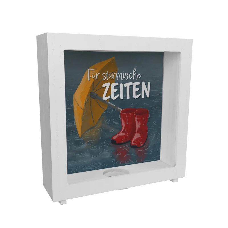 Für stürmische Zeiten Spardose mit Regen Motiv