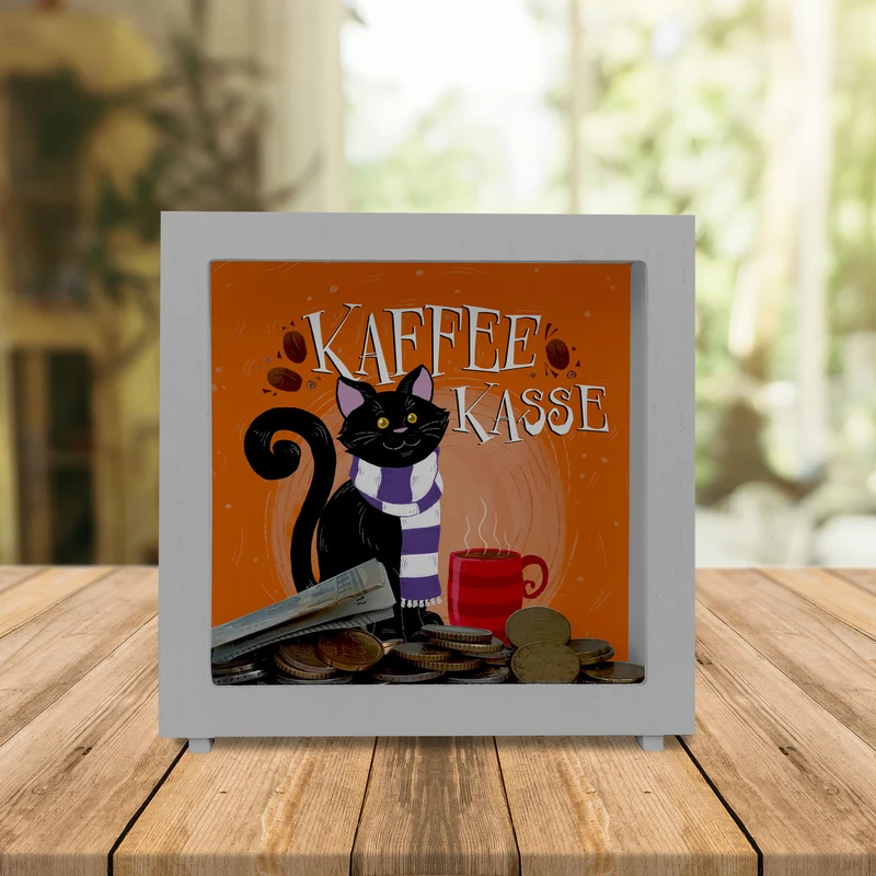 Herbstliche Kaffeekasse Spardose mit schwarzer Katze