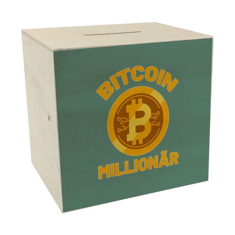 Bitcoin Millionär Spardose mit grünem Hintergrund und Kryptowährung