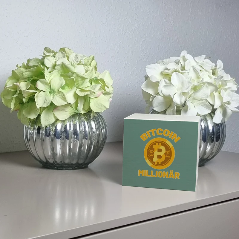 Bitcoin Millionär Spardose mit grünem Hintergrund und Kryptowährung