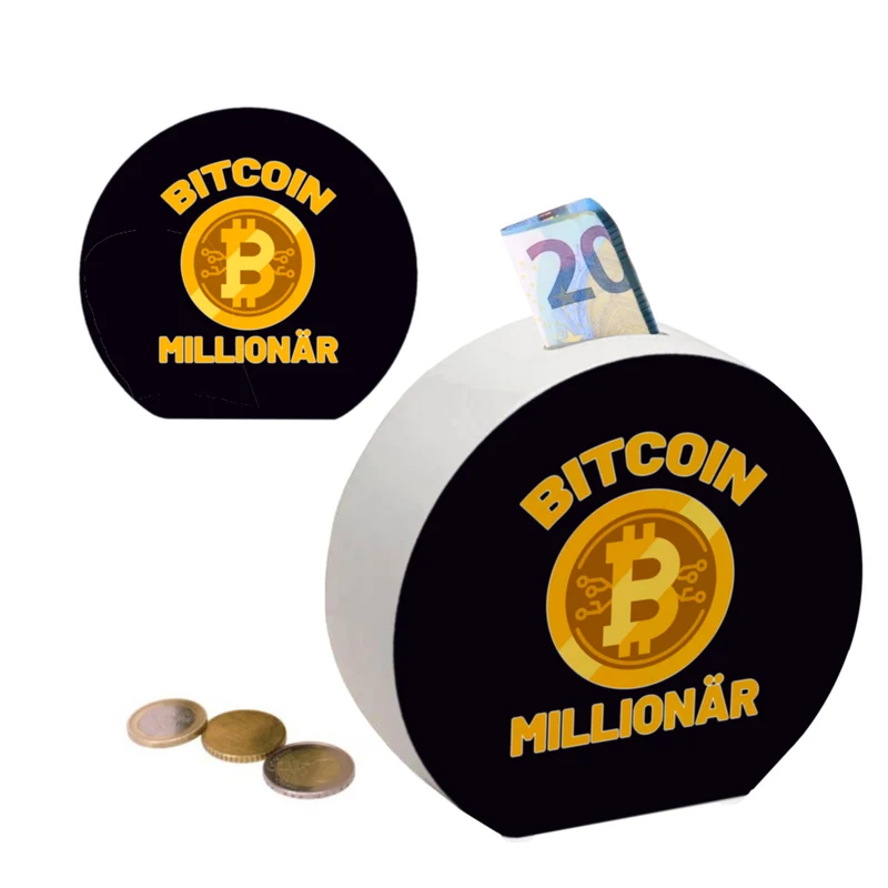 Bitcoin Millionär Spardose mit grünem Hintergrund und Kryptowährung