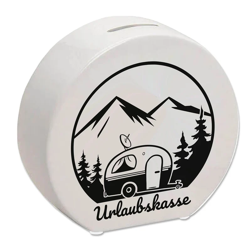 Urlaubskasse Spardose -weiß mit Wohnwagen - Camping im Wald