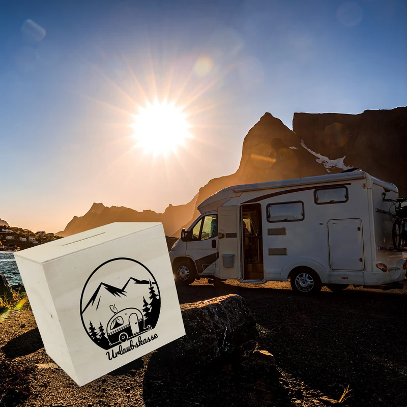 Urlaubskasse Spardose -weiß mit Wohnwagen - Camping im Wald