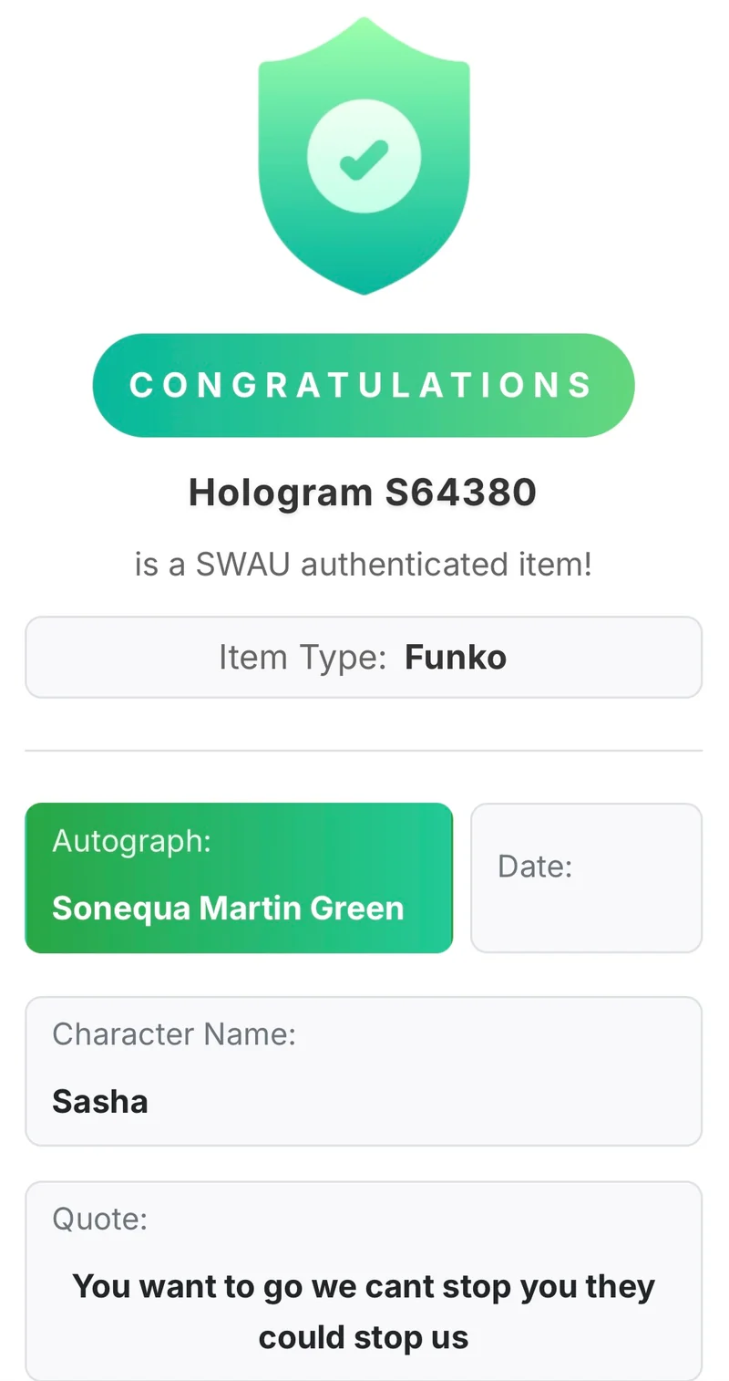 Sonequa Martin-Green Signed Sasha #577 Funko Pop! - The Walking Dead - Condition 7.5/10 - SWAU Authenticated