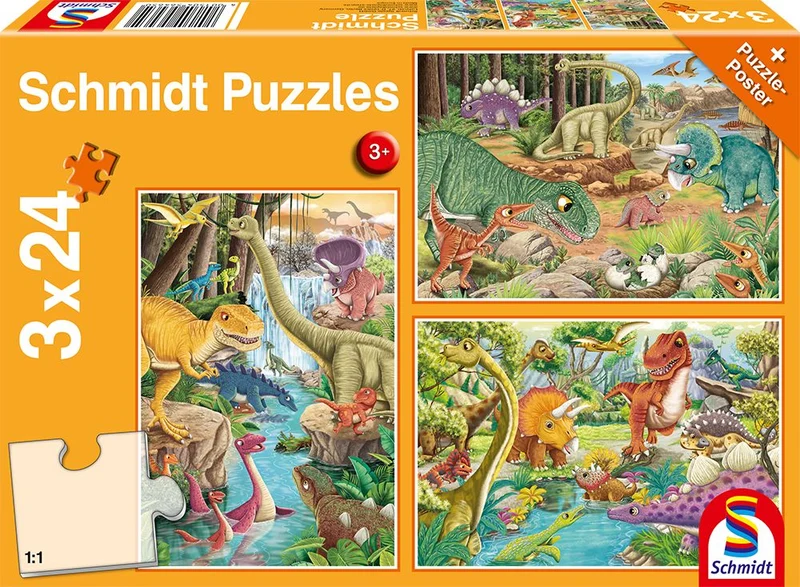 Kinderpuzzle Spaß bei Dinosauriern 3x24 Teile – Schmidt