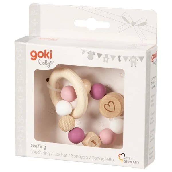 Goki Greifling Elastik Herz in Pink aus Holz und Silikon für Babys