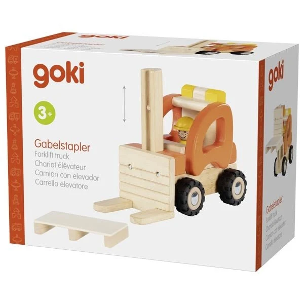 Goki Holz Gabelstapler mit Hubfunktion und Palette