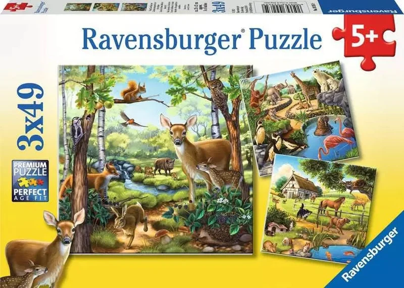 Wald-/Zoo-/Haustiere Kinderpuzzle – Ravensburger 3x49 Teile