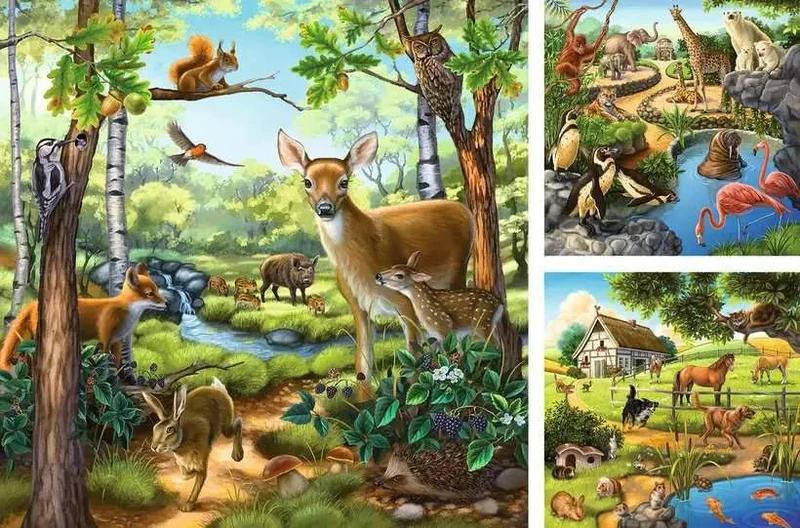 Wald-/Zoo-/Haustiere Kinderpuzzle – Ravensburger 3x49 Teile