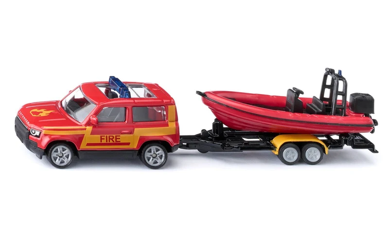 Modellauto SIKU Land Rover Defender mit Boot – Feuerwehr Set