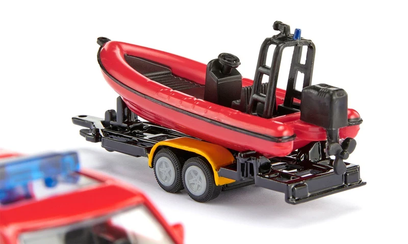 Modellauto SIKU Land Rover Defender mit Boot – Feuerwehr Set