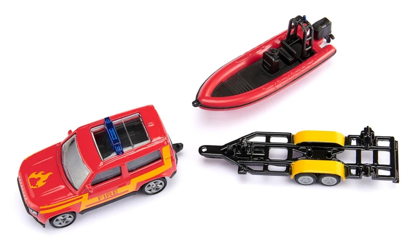 Modellauto SIKU Land Rover Defender mit Boot – Feuerwehr Set