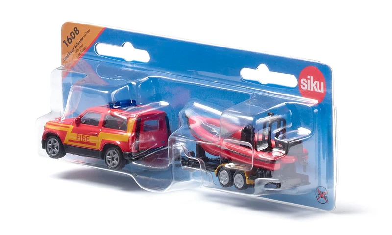 Modellauto SIKU Land Rover Defender mit Boot – Feuerwehr Set
