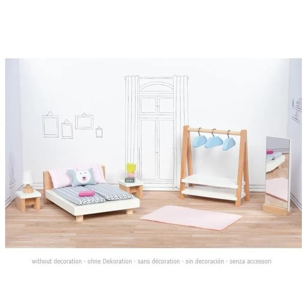 Goki Puppenhaus Zubehör Schlafzimmer Style aus Holz und Textil